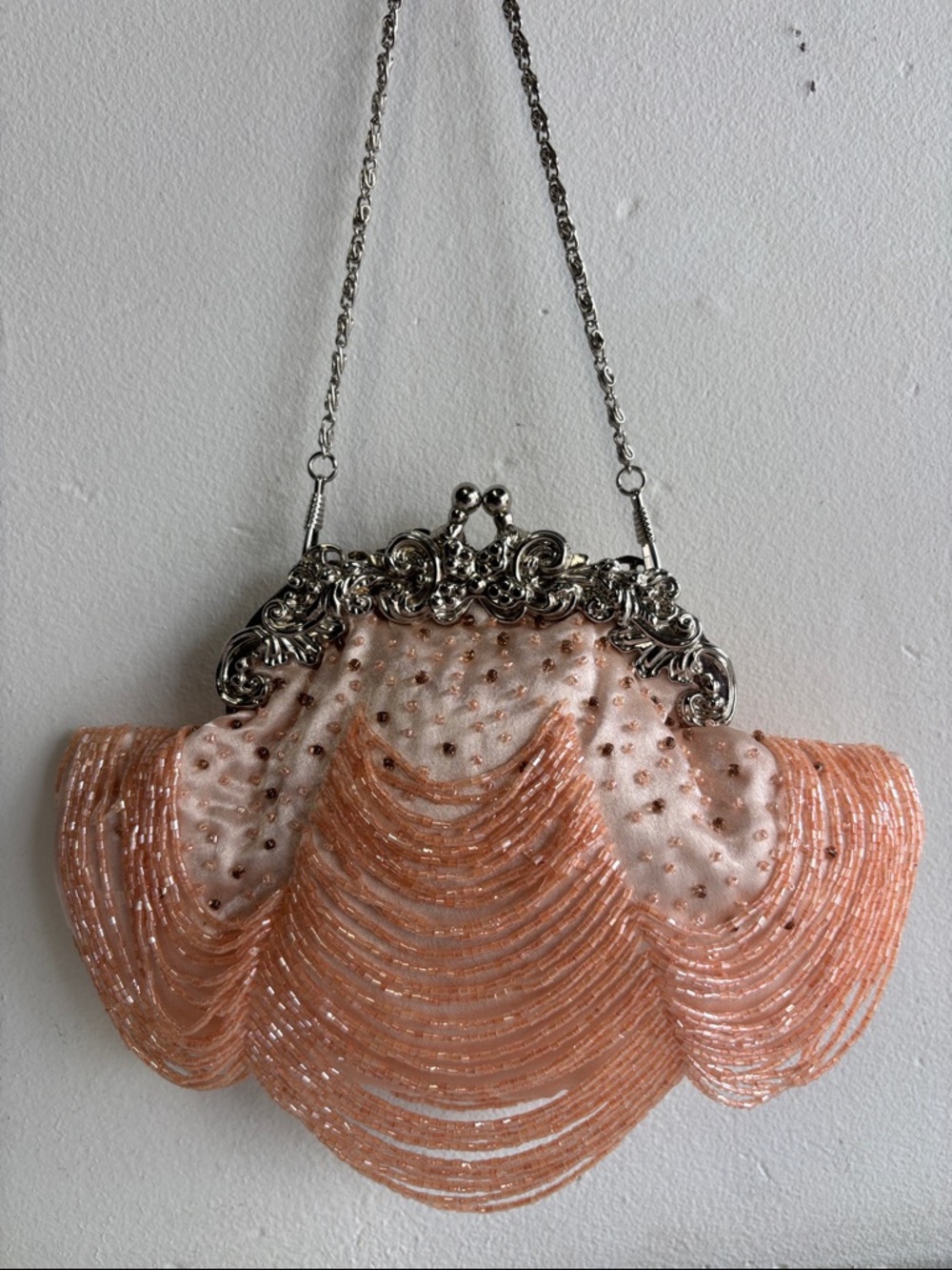 Peach Beaded Evening Clutch with Ornate Silver Frame
